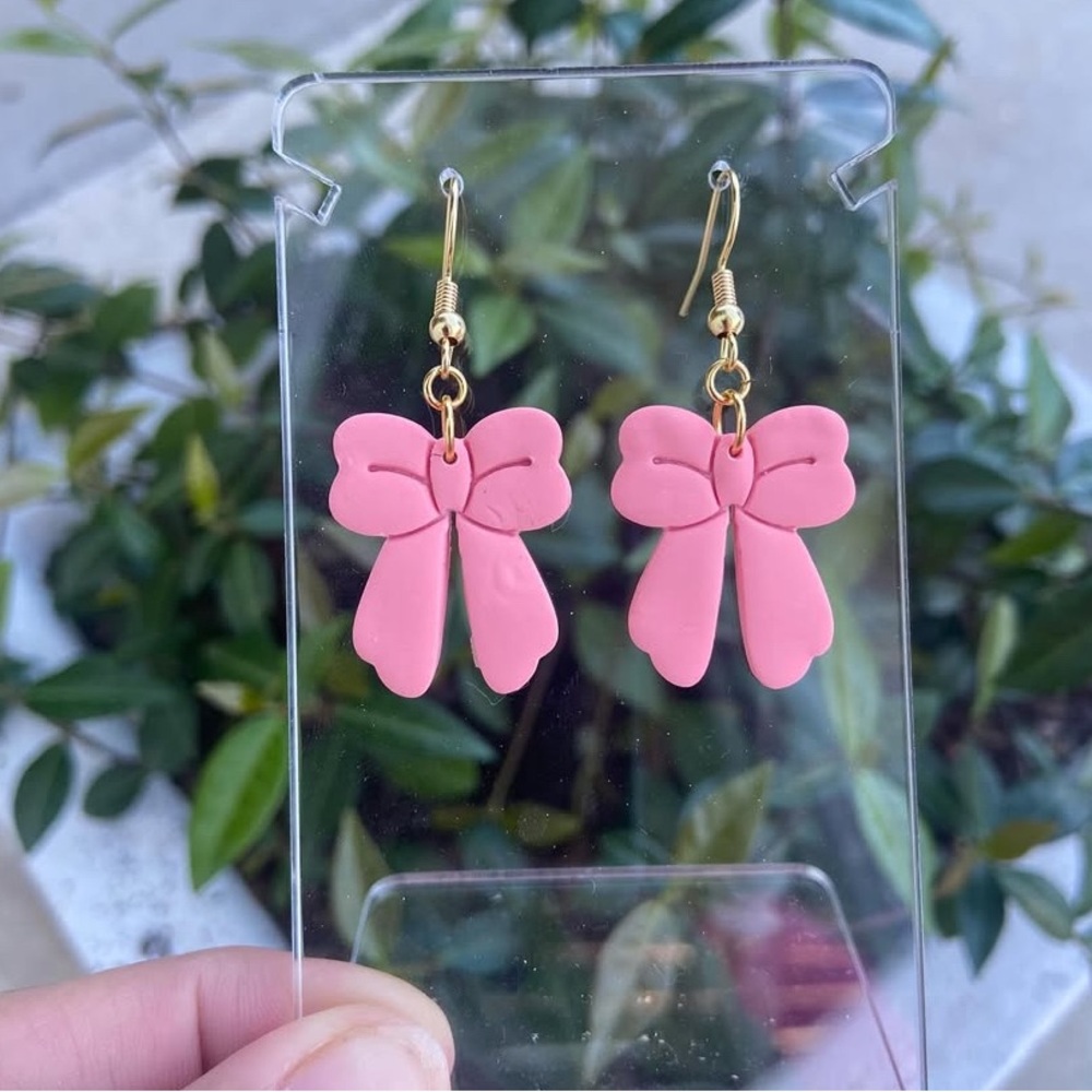 Pink Bow Dangle Earrings Polymer Clay New